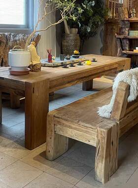 老榆木新茶桌中桌客厅茶椅组合实木长方形大板桌复式古门BAJ板喝