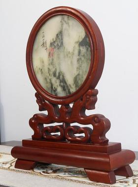 梨木台屏圆EGE形复古东风阳木雕嵌天然大理石插屏花屏小屏风摆件