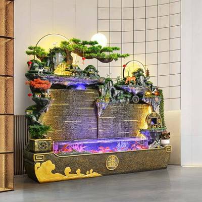 东墙南大型HQR假山流水喷泉水幕鱼缸厅落地亚摆件客阳台养鱼景观