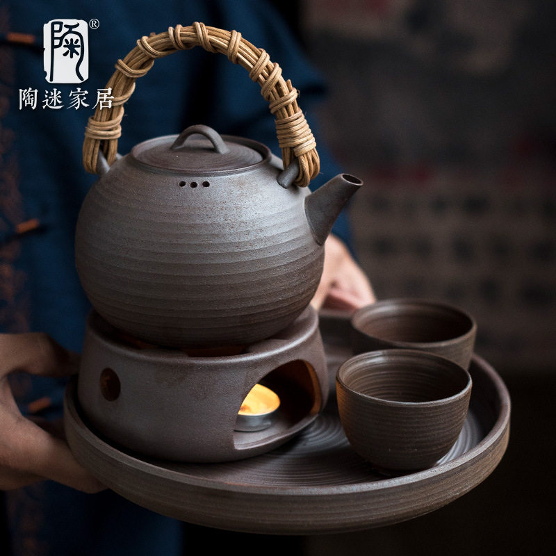 陶迷无忧原矿粗陶藤编提梁煮茶炉