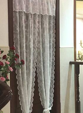 免打韩式断蕾丝门帘隔帘厨房卧室白56847色纱帘穿杆小窗帘帘半孔