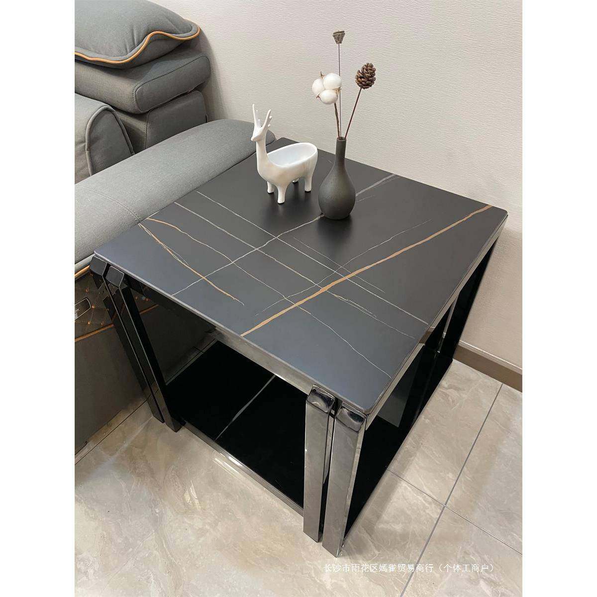 简约边轻奢黑不锈钢岩板角现代HSP茶几沙发柜大几理石边几方色几