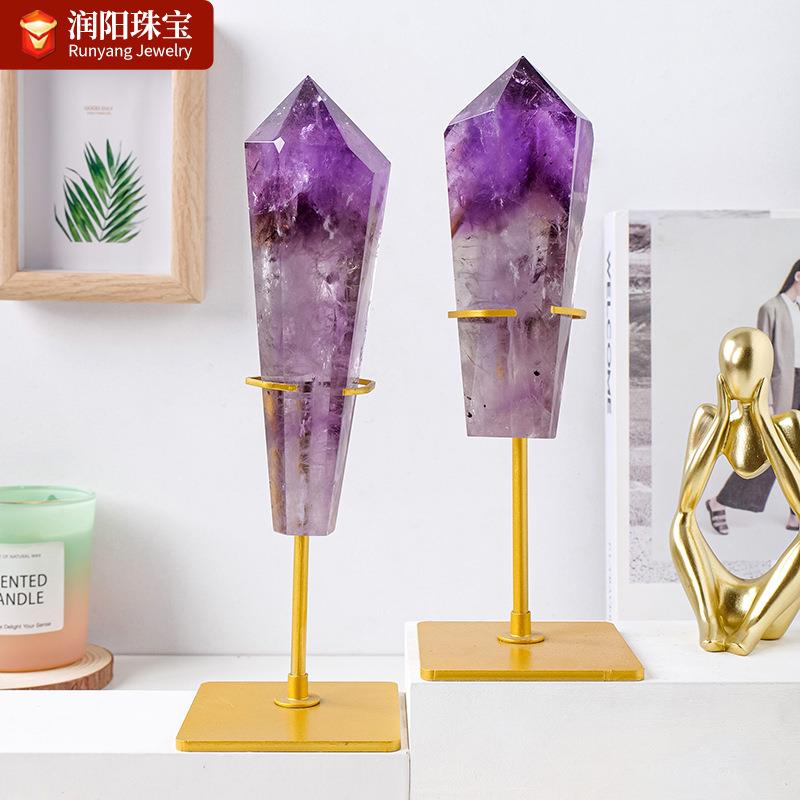 天然巴西紫水晶魔法权杖摆件紫晶骨干六角柱水晶塔家居装饰送底座