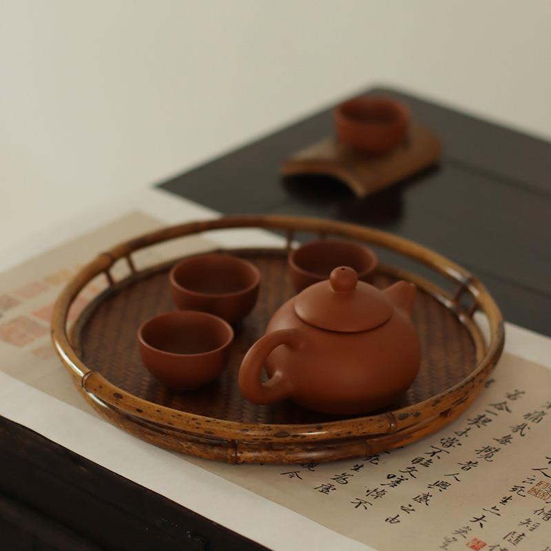 手工紫竹竹编席面托盘茶盘圆形茶具收纳干泡台奉茶盘茶席茶道零配