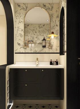 黑色法式复古浴室柜组合橡木烤漆岩板无缝卫生间洗漱台陶瓷一体盆
