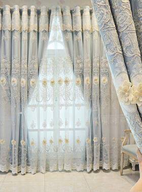 T5H欧厅式窗帘27574室粉色双层布纱一体成品浮雕绣花客卧奢华大免