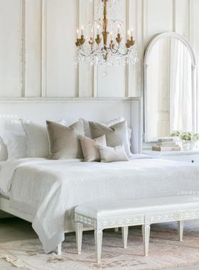 法式复做旧古木雕花床美式白色做床旧主卧婚实床VPC1.8米双人公主