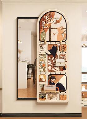 奶油中古风洞穿衣镜装饰板画镜隐藏推拉洞全身镜暗藏式100312玄关