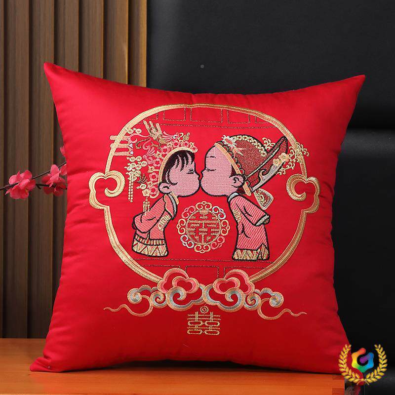 ?红色喜字结婚婚抱枕40s喜长绒棉庆婚Fh(x}@v#房床头庆靠1枕新婚