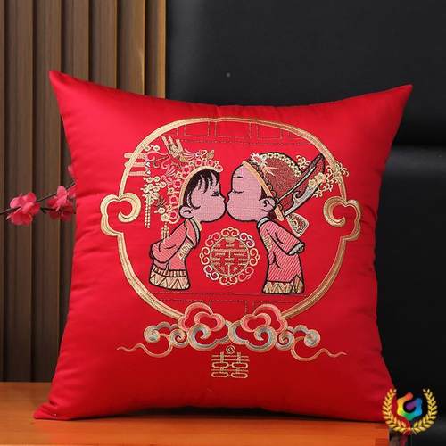 ?红色喜字结婚婚抱枕40s喜长绒棉庆婚Fh(x}@v#房床头庆靠1枕新婚