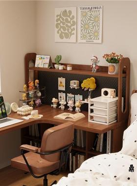 中古风NFO木转角书桌书架实书柜一体卧室靠墙人电脑桌7双拐字L型