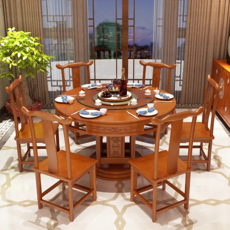 实木餐桌椅组合中式实木仿古雕花酒店圆餐桌家用圆形带转盘饭桌