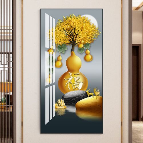 五福临门入户玄关装饰画玄幻竖版走廊过道墙面挂画麋鹿招财晶瓷画