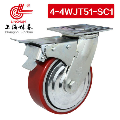 林春4系4寸重型双轴铁芯PU刹车万向轮承载300KG脚轮4-4WJT51-SC1