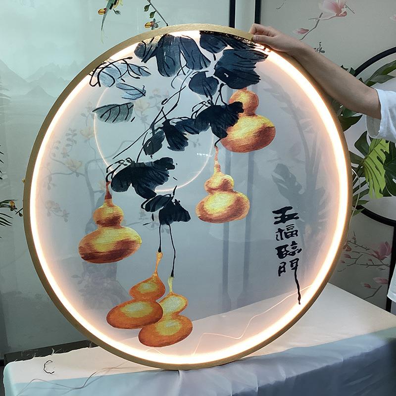双面半透明纱布刺绣苏绣实木屏风玄关隔断花格画葫芦福禄五福临门
