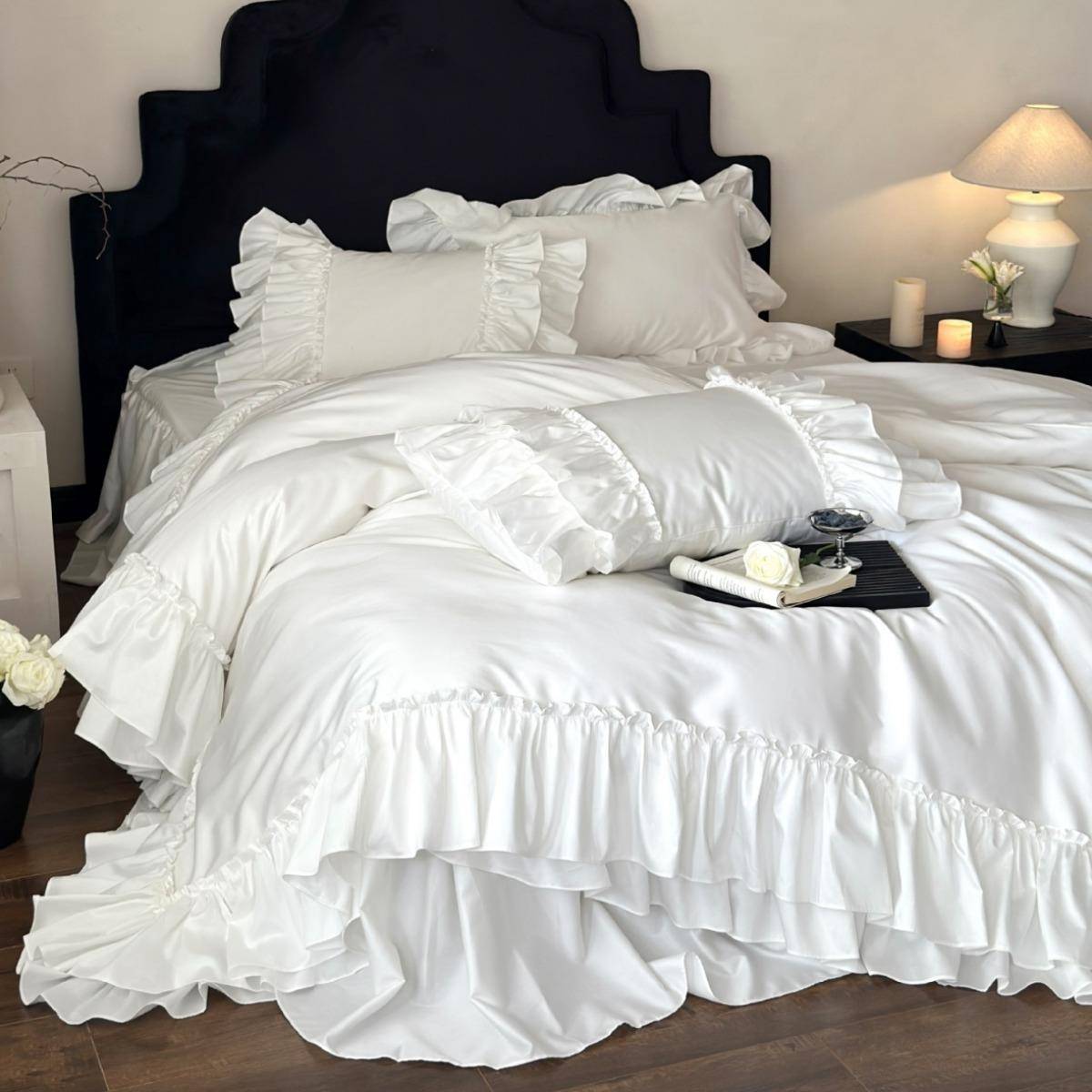法式轻奢全棉贡缎床裙款四件套荷叶花边少女心被套床品