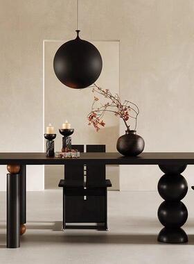 黑色现代小户型实木餐桌椅组合家用极简轻奢长方形简约古复古