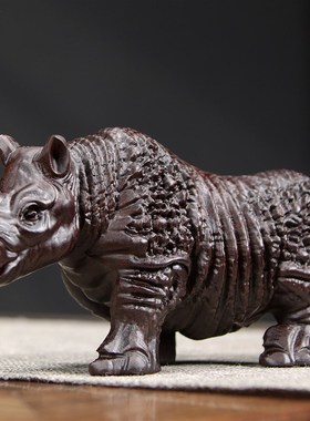 黑檀木雕犀牛木制心有灵犀工艺品桌面小摆件客厅玄关办公室装饰品