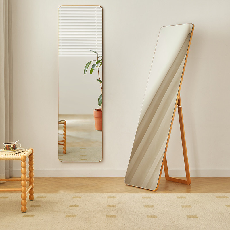 实木落地穿衣镜家用挂墙全身镜卧室置地试衣镜简约贴墙两用大镜子