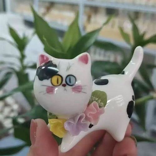 陶瓷手绘釉下彩捏花小猫咪摆件创意家居饰品可爱桌面治愈物件