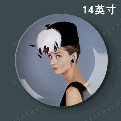 14英寸奥黛丽赫本彩色装饰画盘客厅书房挂盘盘子墙陶瓷盘创意摆件