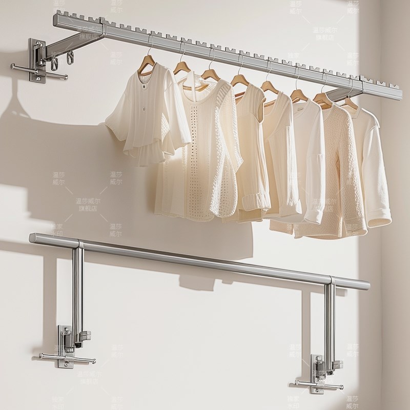 侧装晾衣杆阳台固定晾衣架家用壁挂防风单杆挂衣杆可拆卸折叠晾晒