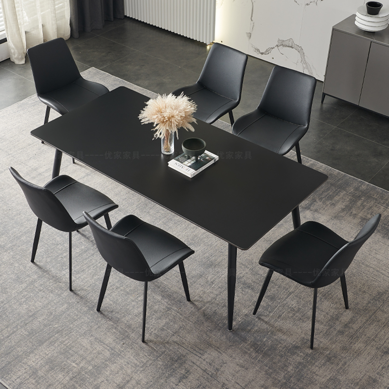 意式纯黑岩板餐桌长方形现代简约大小户型家用饭桌黑椅/8人极简