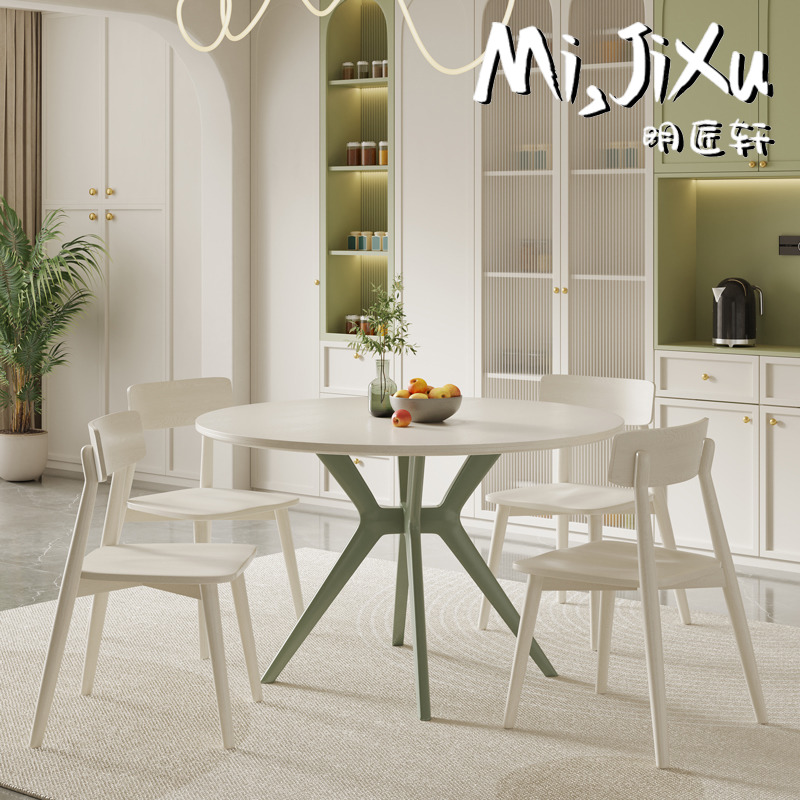 明匠轩家居法式末绿清新风岩板实木圆形餐桌椅组合家用吃饭圆桌子