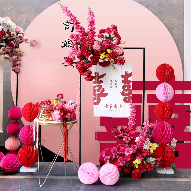 中式婚庆花艺玫红色订婚结婚迎宾拍照背景婚房布置道具仿真花卉