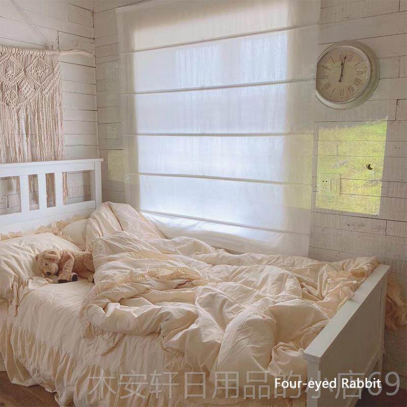 正品淡淡的绿 ins韩卧室色少国女纯色荷叶花边全纯棉棉床上四件套