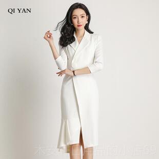 职业连衣裙奢女夏季纯色长袖法装西裙轻气质式礼服连身裙子工