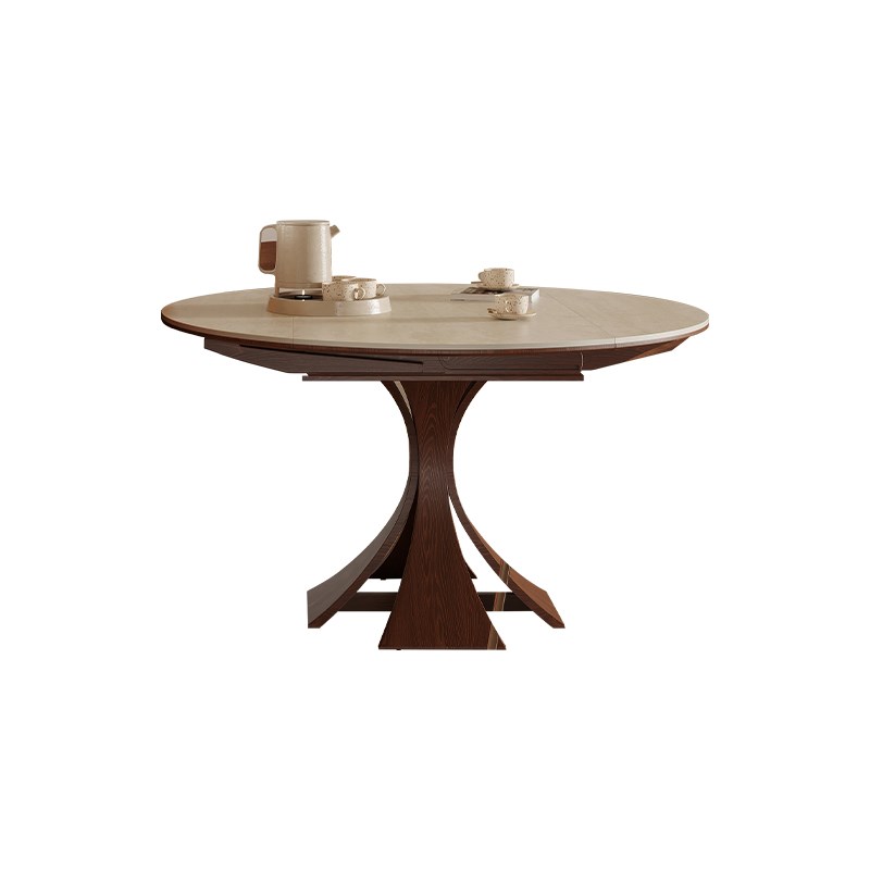 暮奢中古风洞石岩板实木圆餐桌家用小户型可伸缩方圆两用桌