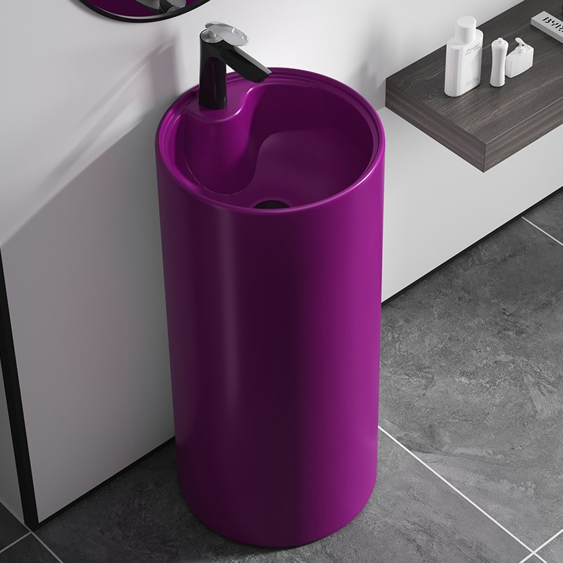 奶油风立柱盆陶瓷洗脸盆立柱式一体式落地小户型洗手盆紫色连体盆