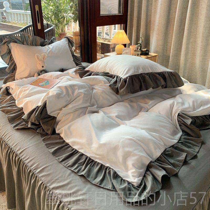 正品日式简约纯灰色1.8件套in四学s荷花边被套床单床裙生宿舍三件