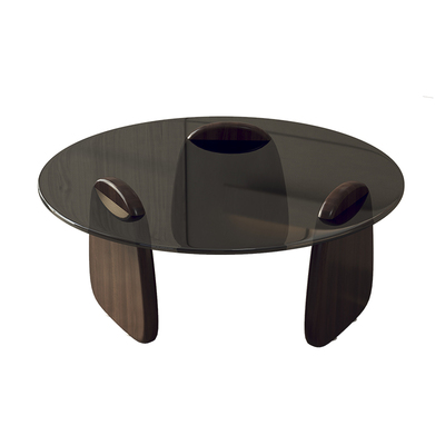 极简意式灰玻璃大小圆形茶几原木小户型侘寂风设计师实木茶几