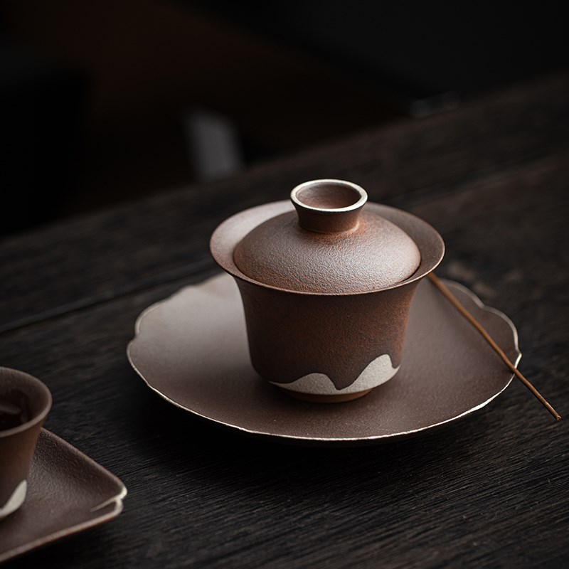 老岩泥手工鎏银三才盖碗功夫茶具沏茶杯单个泡茶碗不烫手陶瓷家用