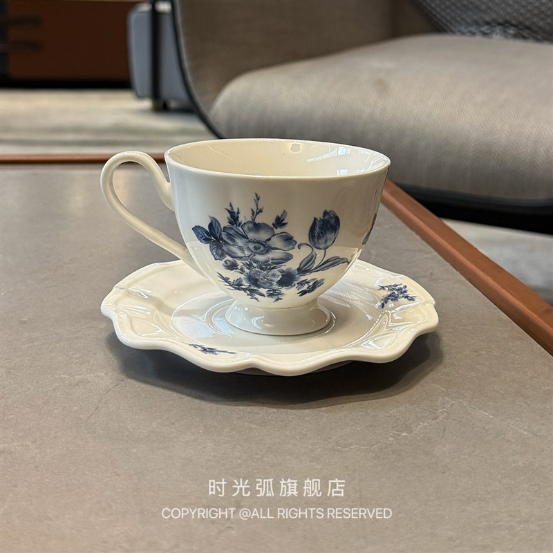法式复古蓝色花卉咖啡杯碟 中古下午茶陶瓷餐具 拿铁拉花杯甜品碟