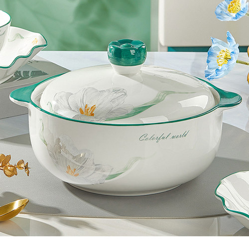 陶瓷大汤碗家用釉下彩餐具面碗汤碗双耳带盖汤锅加厚防烫装汤餐具