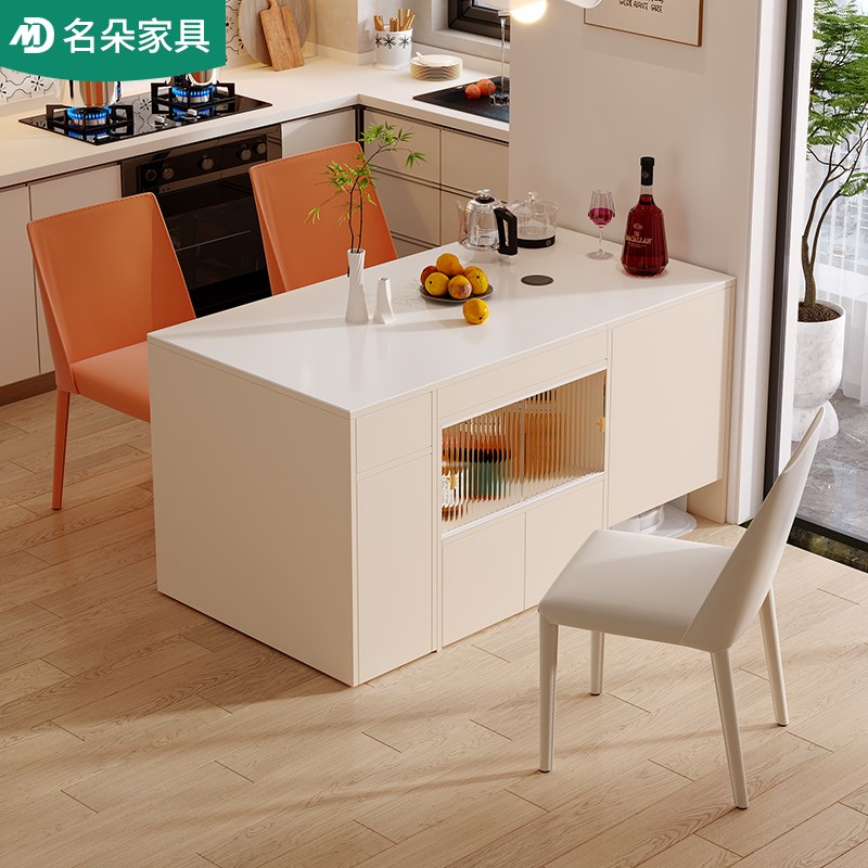 奶油风岩板岛台餐桌一体小户型家用现代可伸缩茶台吧台倒台5E57