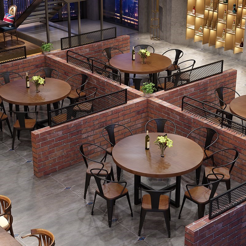 工业风餐厅实木圆餐桌餐饮店桌椅复古烧烤吧音乐休闲吧餐桌椅