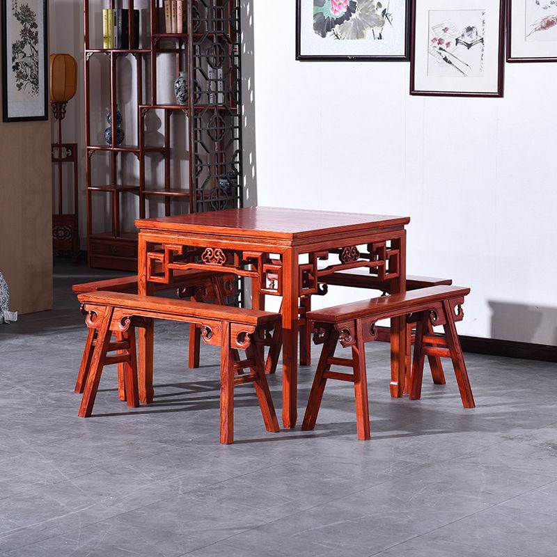 中式实木餐桌椅八仙桌家用钩子小方桌四方桌吃饭桌子南榆木