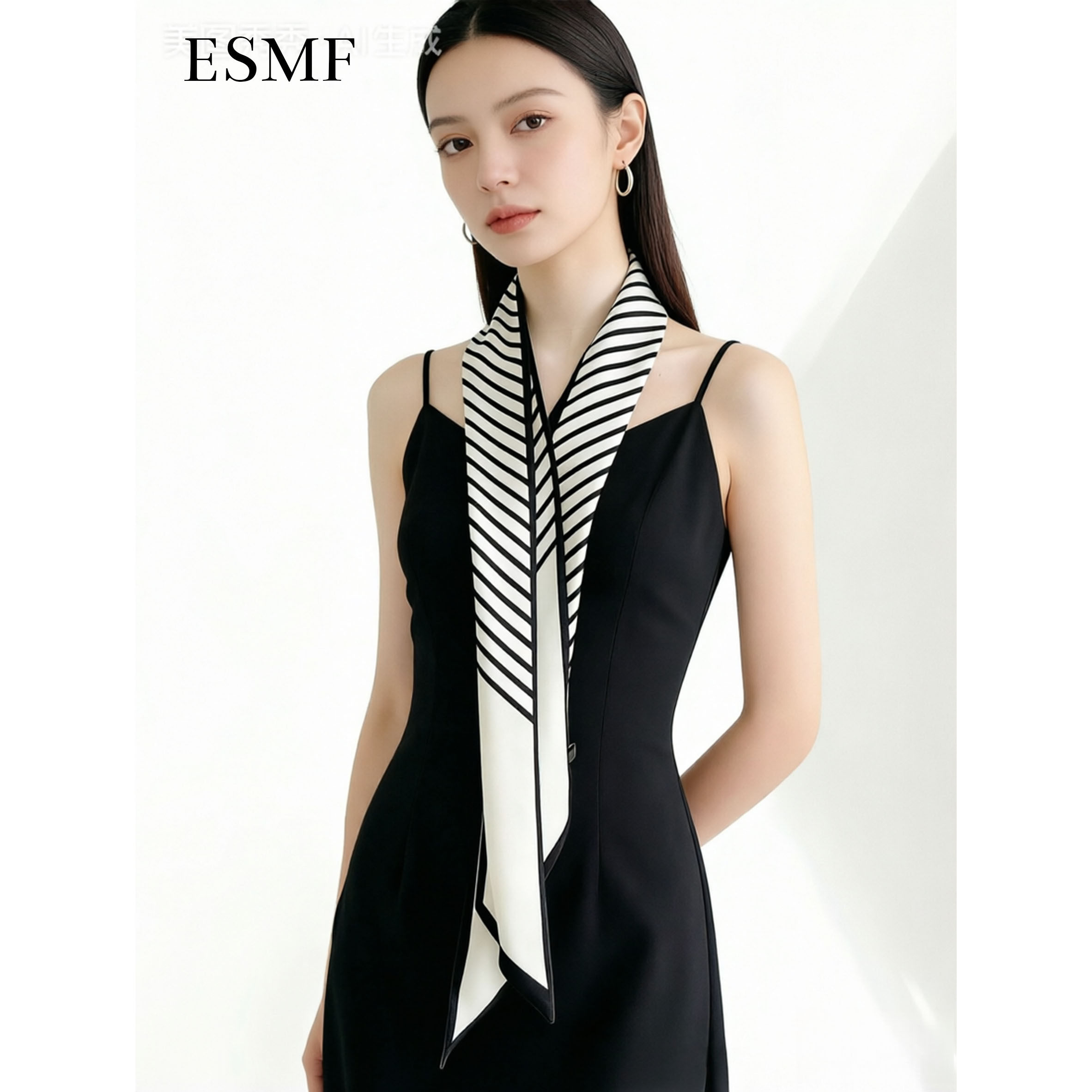ESMF法式条纹丝巾长条方巾女百搭春秋季细窄装饰衬衫飘带发带包带