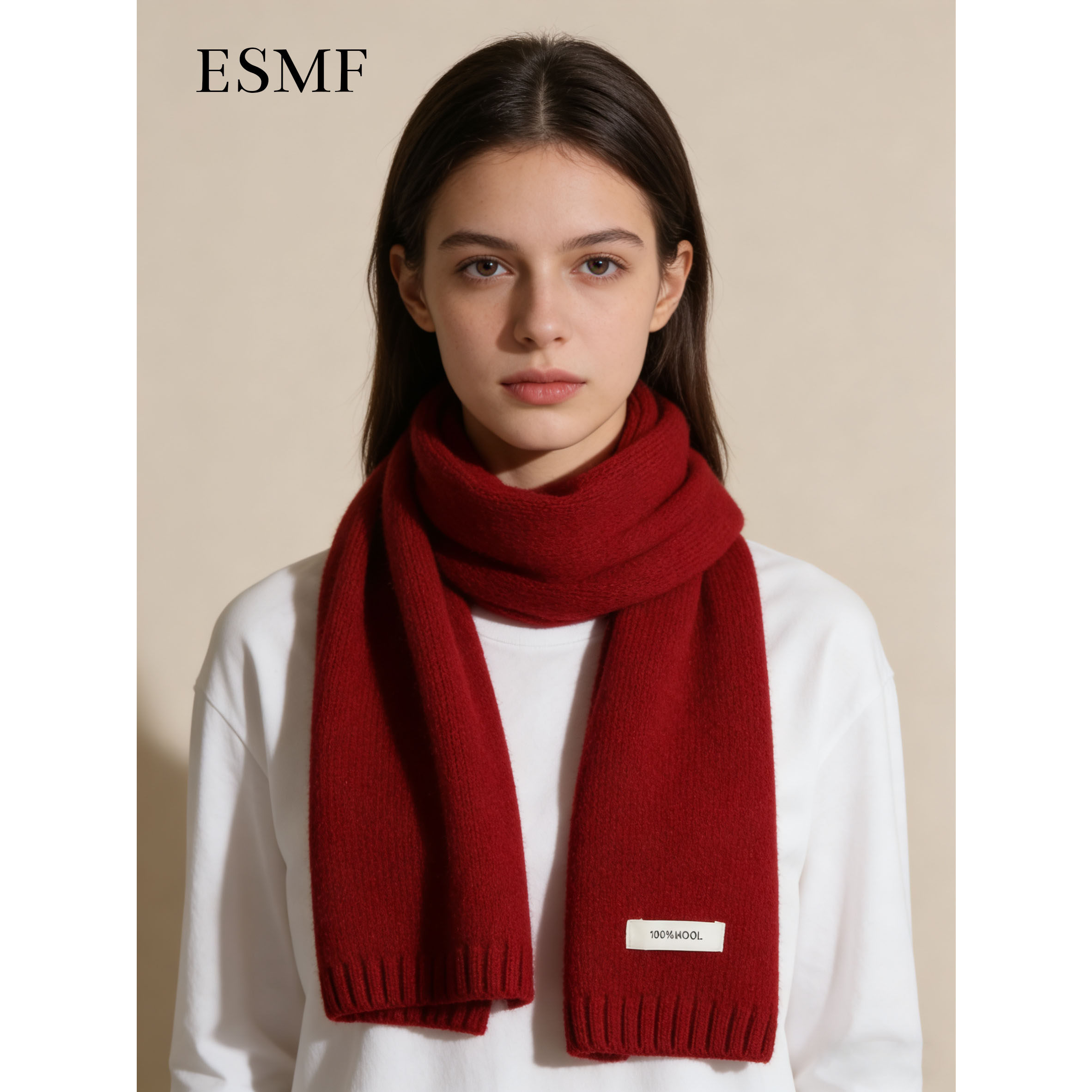ESMF红色澳洲羊绒秋冬羊毛围巾