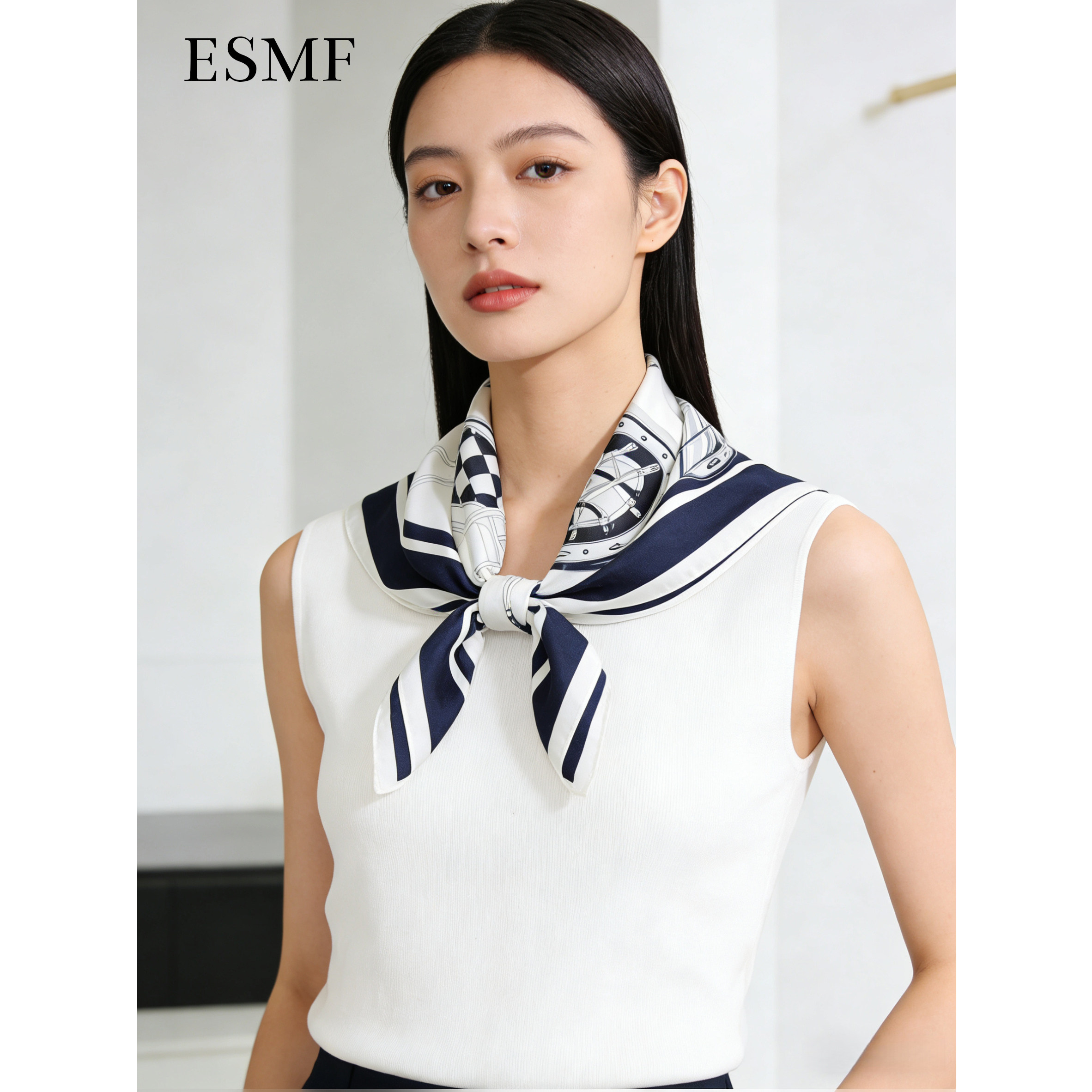ESMF轻奢高级2026春款薄丝巾海军风桑蚕丝围巾真丝丝巾女70cm方巾