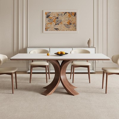 德利丰实木岩板餐桌长方形家用法式中古风高端全托小户型吃饭桌子