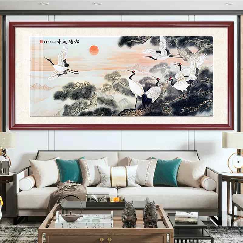 松鹤延年山水画客厅沙发背景墙装饰画中式仙鹤图国画挂画中堂画