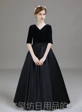 高档童黑色中袖演出女服 AL礼ICING品牌大演提琴演奏会服 钢琴出