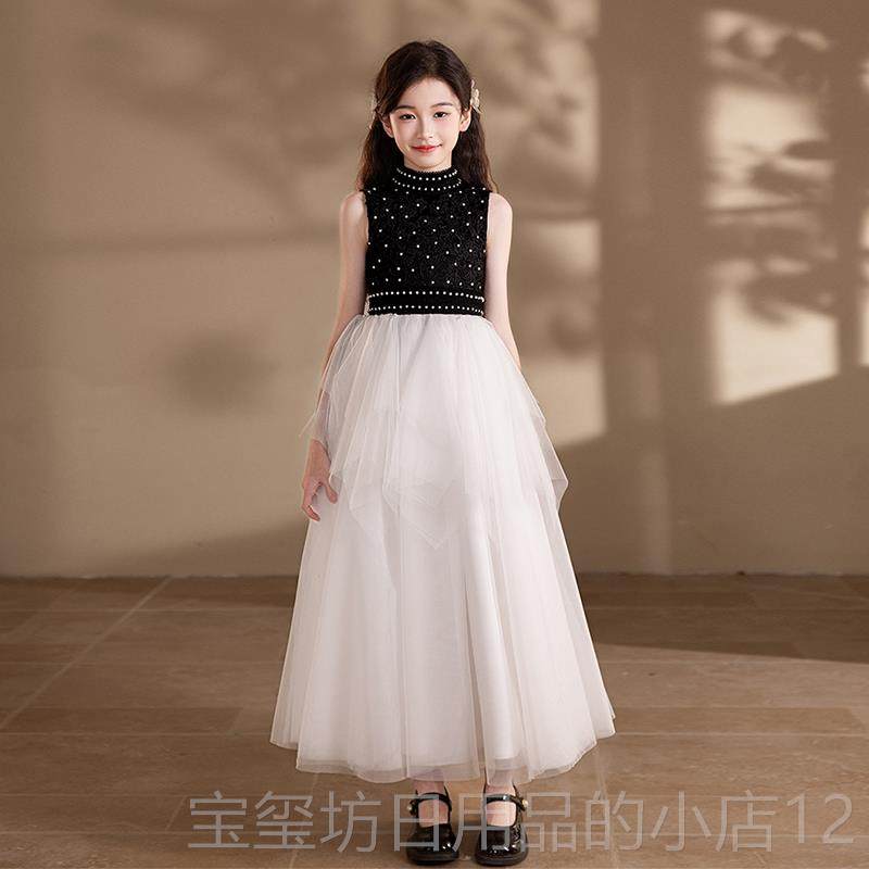 高档钢琴演礼服女中显童黑色瘦公主演出礼服裙儿童主持表演大奏童