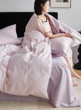 南通家纺四件套a类纯棉紫色条纹纯棉床上被罩纯棉水洗棉简约家用
