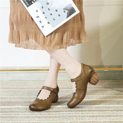 正品071单中跟软底风真皮手工民族女鞋覆古花鞋头层朵牛皮纯色妈